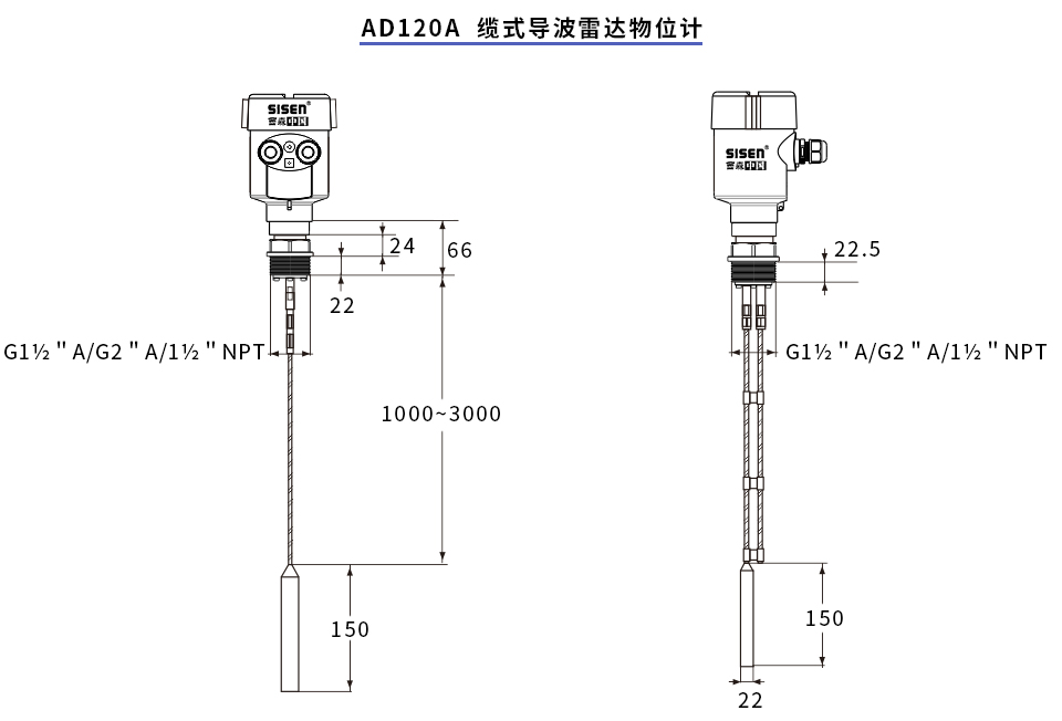 AD120A纜式導(dǎo)波雷達(dá)物位計(jì)產(chǎn)品尺寸