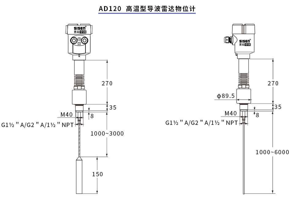 AD120高溫型導(dǎo)波雷達(dá)物位計產(chǎn)品尺寸